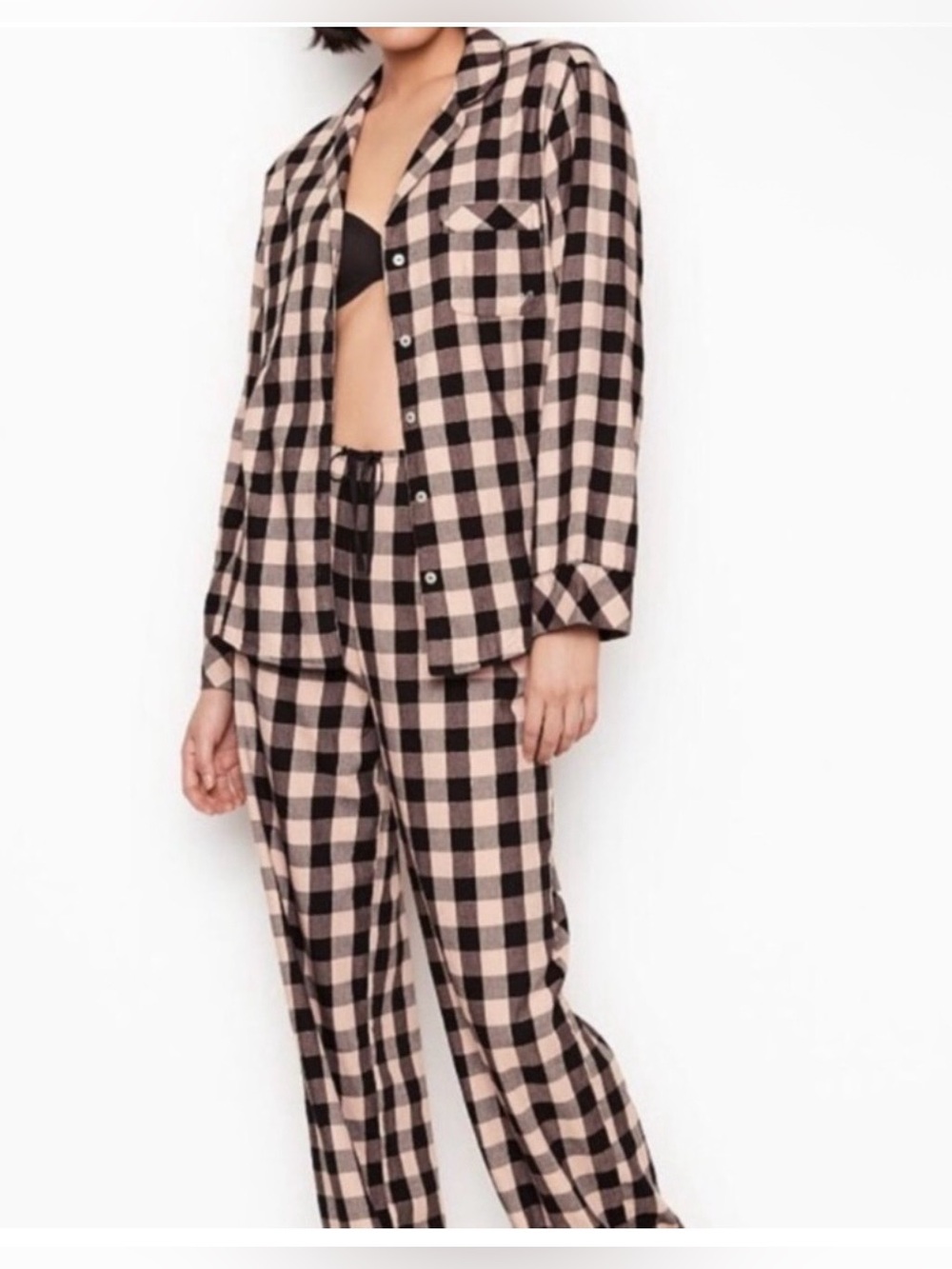 Victoria's Secret Black and pink Plaid Button-Down Pajama Set